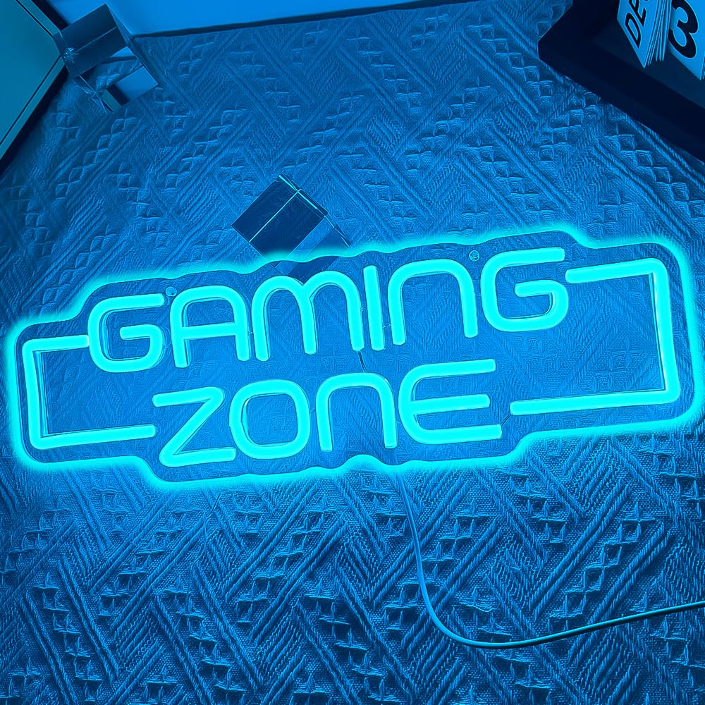 RuCvixkt Gaming Zone neon sign desk setup boosts aesthetics and focus.