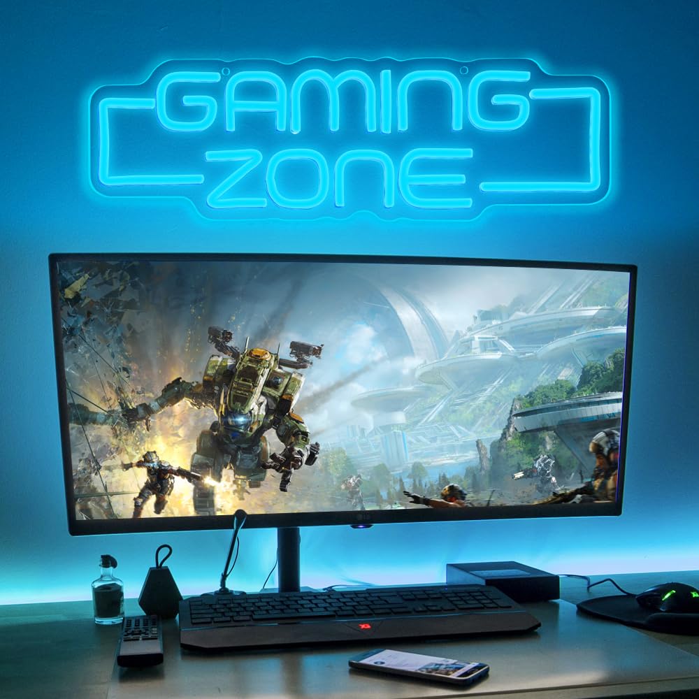 RuCvixkt Gaming Zone neon sign soft glow creates mood in a teen space.