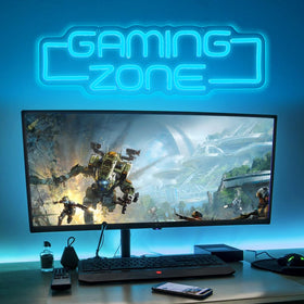 RuCvixkt Gaming Zone neon sign soft glow creates mood in a teen space.
