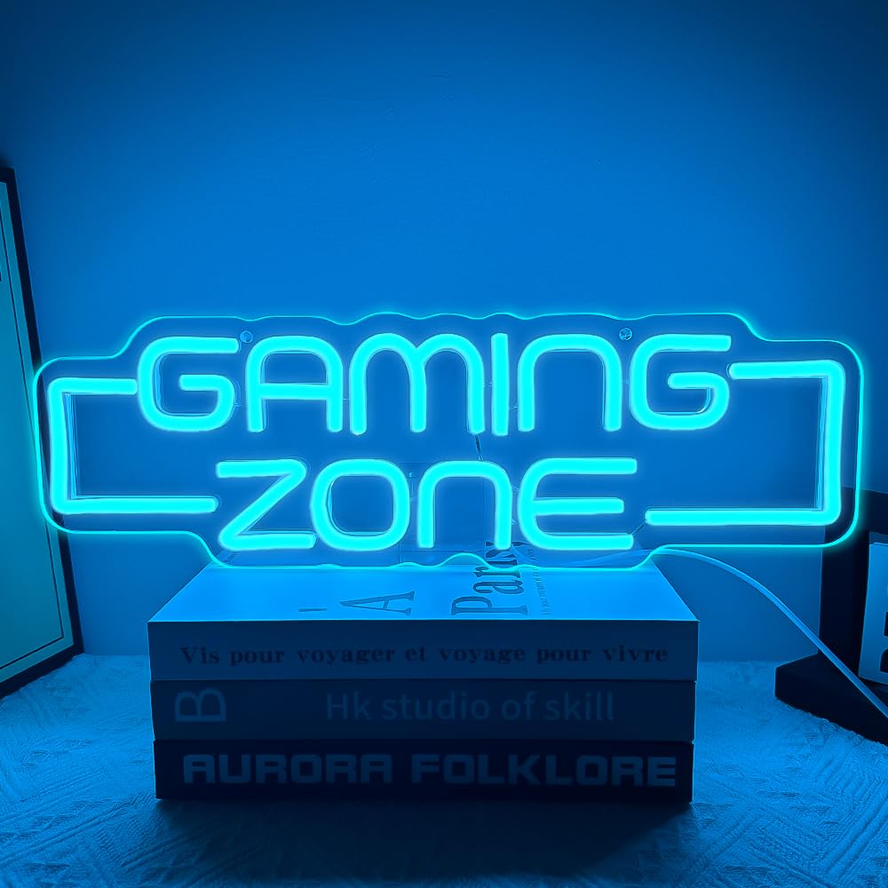 RuCvixkt Gaming Zone neon sign wall closeup highlights vibrant colors for immersive setup.