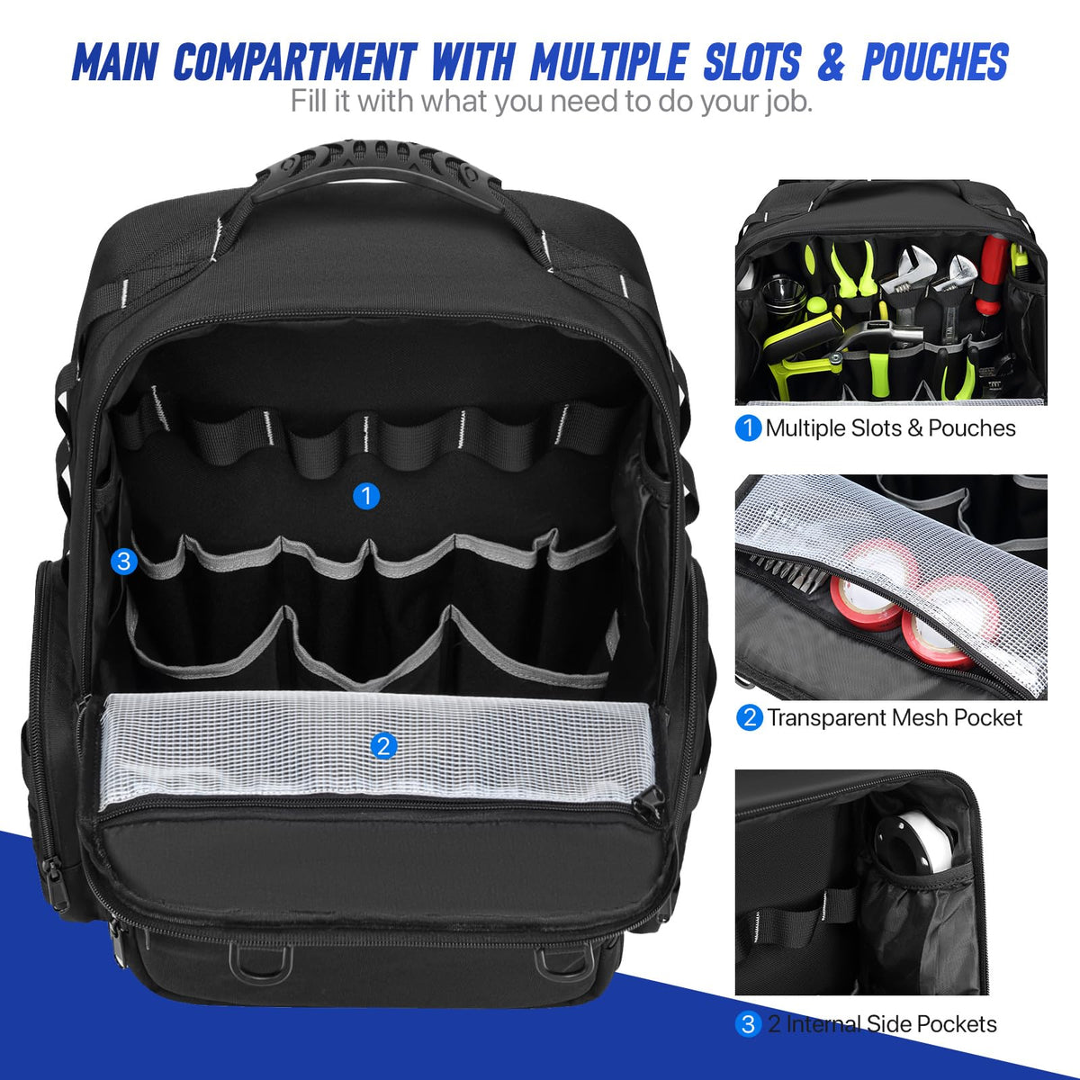 RUCYEN backpack mesh pockets detail to keep small parts sorted