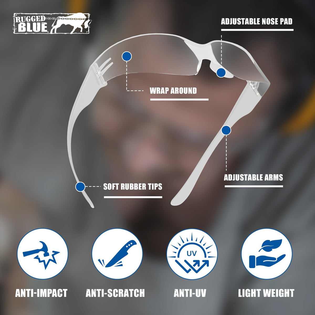 RUGGED BLUE bifocal readers in the lens area aiding close-up work