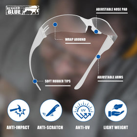 RUGGED BLUE bifocal readers in the lens area aiding close-up work