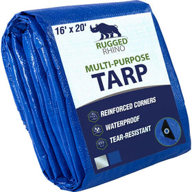 Rugged Rhino tarp 16x20 setup provides camping shelter and weather protection.