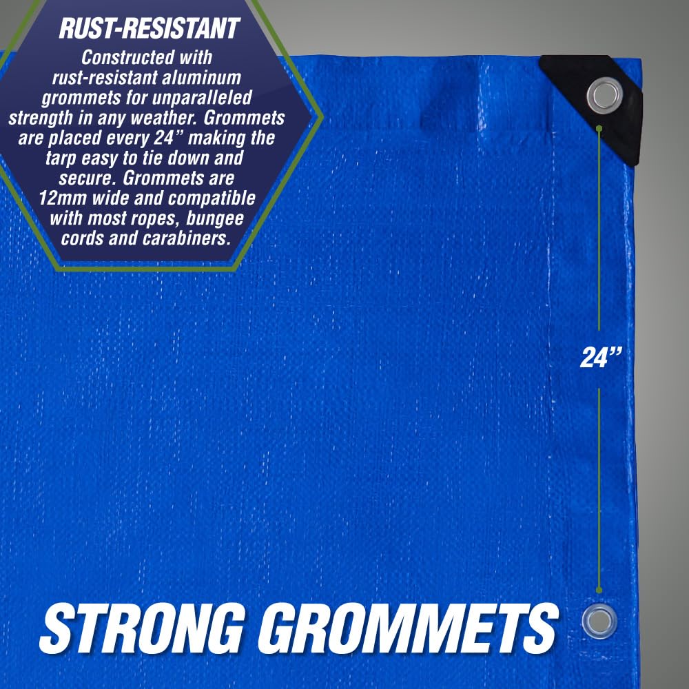 Rugged Rhino polyethylene rope and reinforced edges in blue tarp.