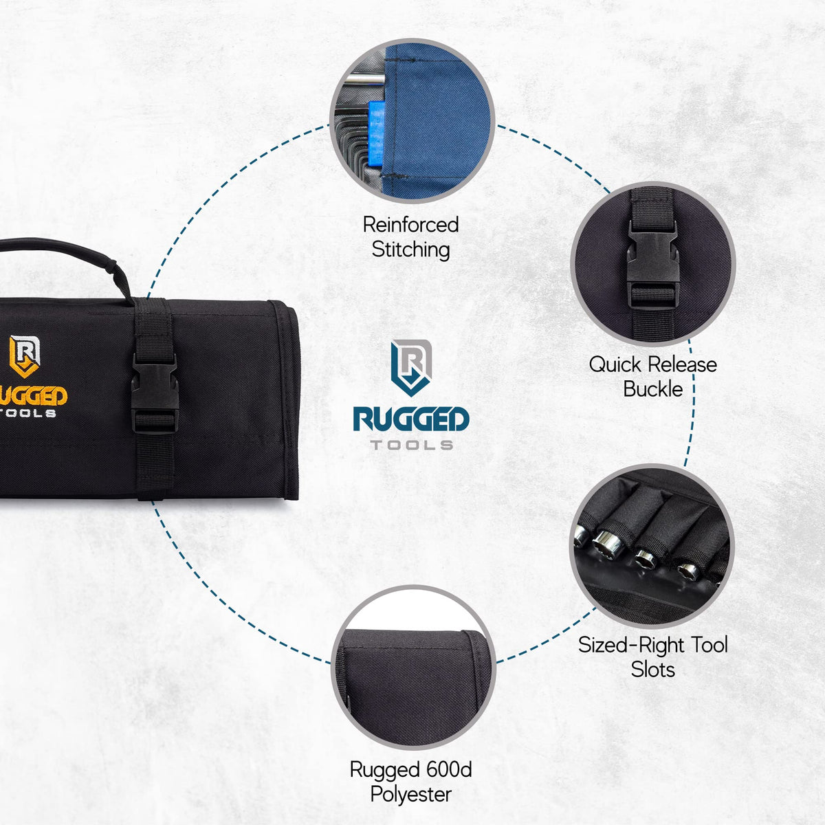 Rugged Tools elastic strap secures contents when unfolded during use