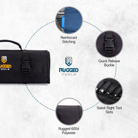 Rugged Tools elastic strap secures contents when unfolded during use