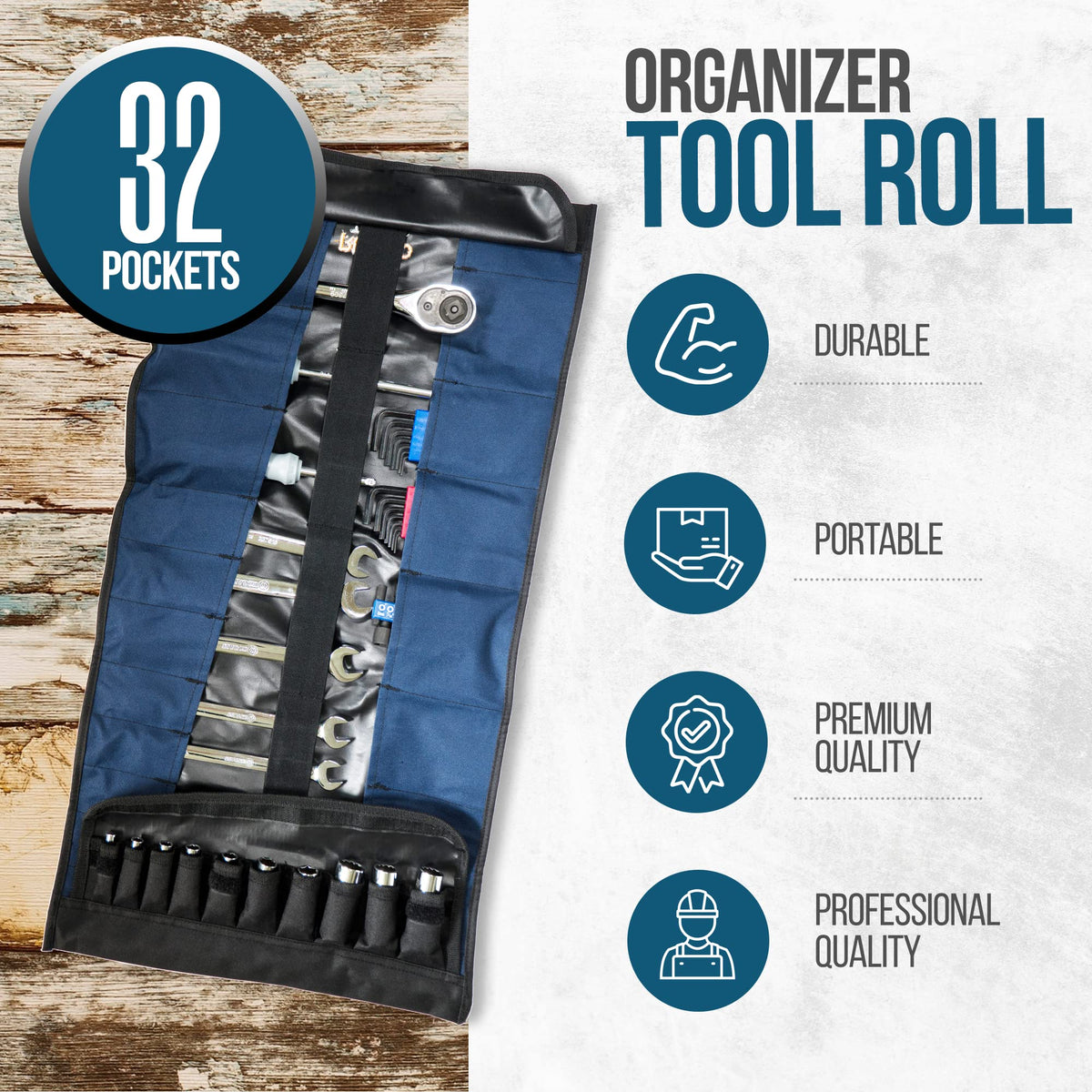 Rugged Tools tool roll rolled with handle ready for portable on-site transport
