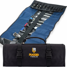 Rugged Tools 32-pocket tool roll laid out for quick wrench and screwdriver access