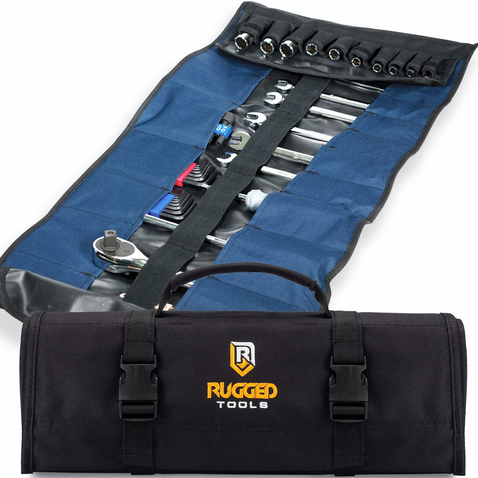 Rugged Tools 32-pocket tool roll laid out for quick wrench and screwdriver access