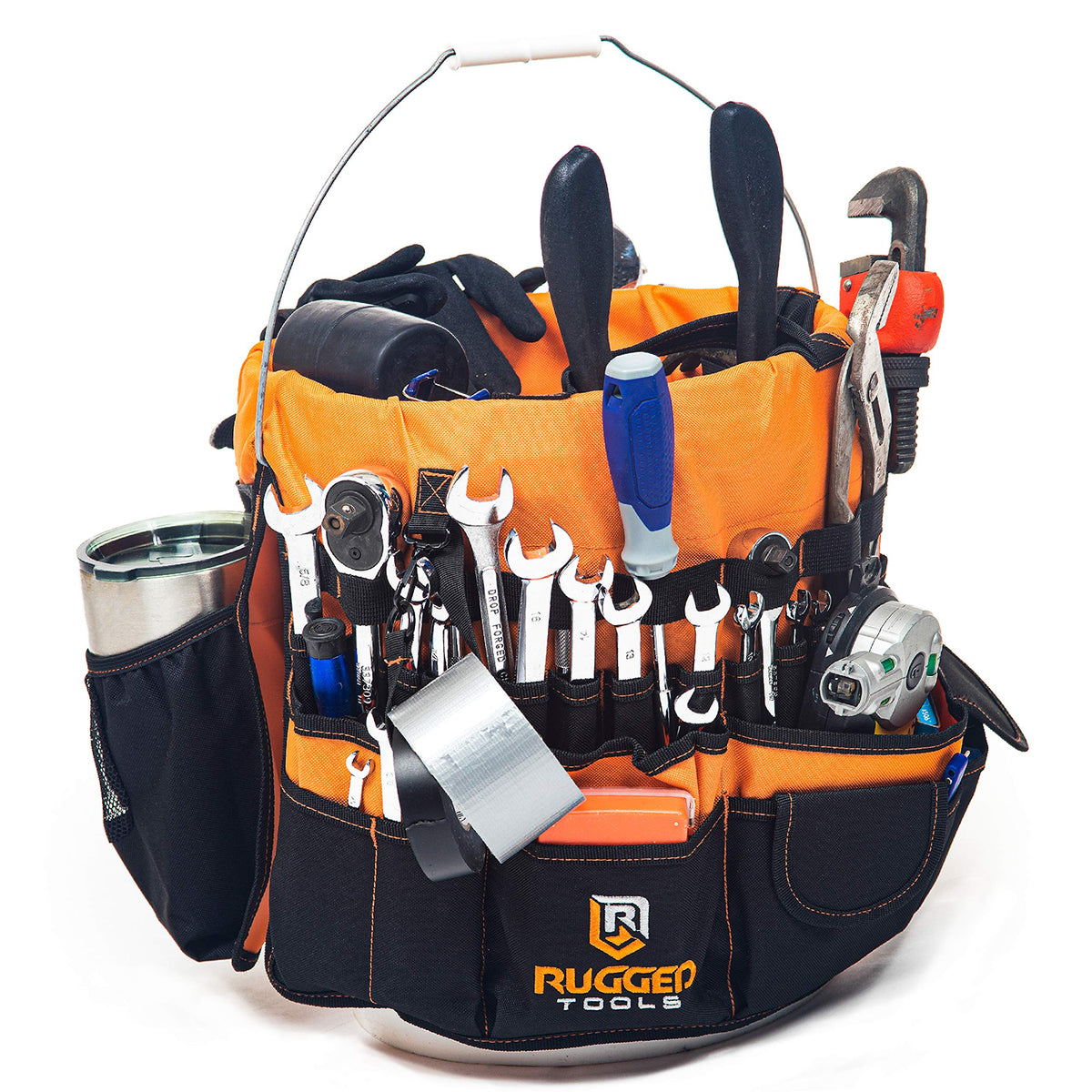 Rugged Tools 64-pocket bucket caddy showing interior and exterior slots for quick access.
