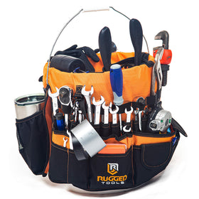 Rugged Tools 64-pocket bucket caddy showing interior and exterior slots for quick access.