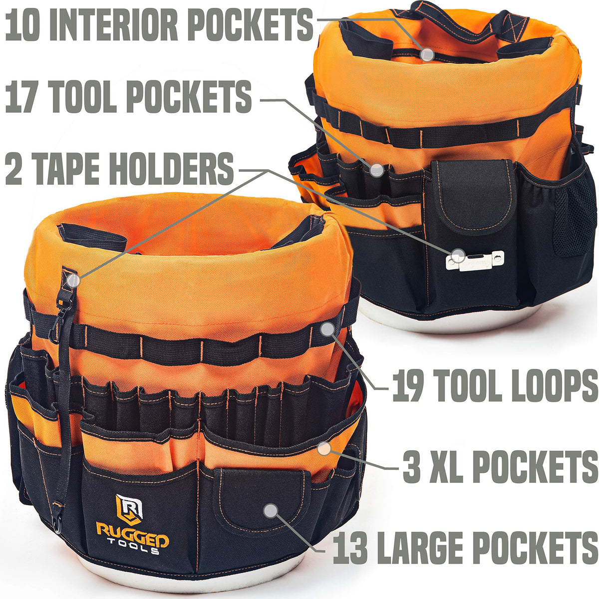 Rugged Tools bucket organizer exterior pockets shown for fast access to tools.