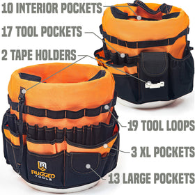 Rugged Tools bucket organizer exterior pockets shown for fast access to tools.