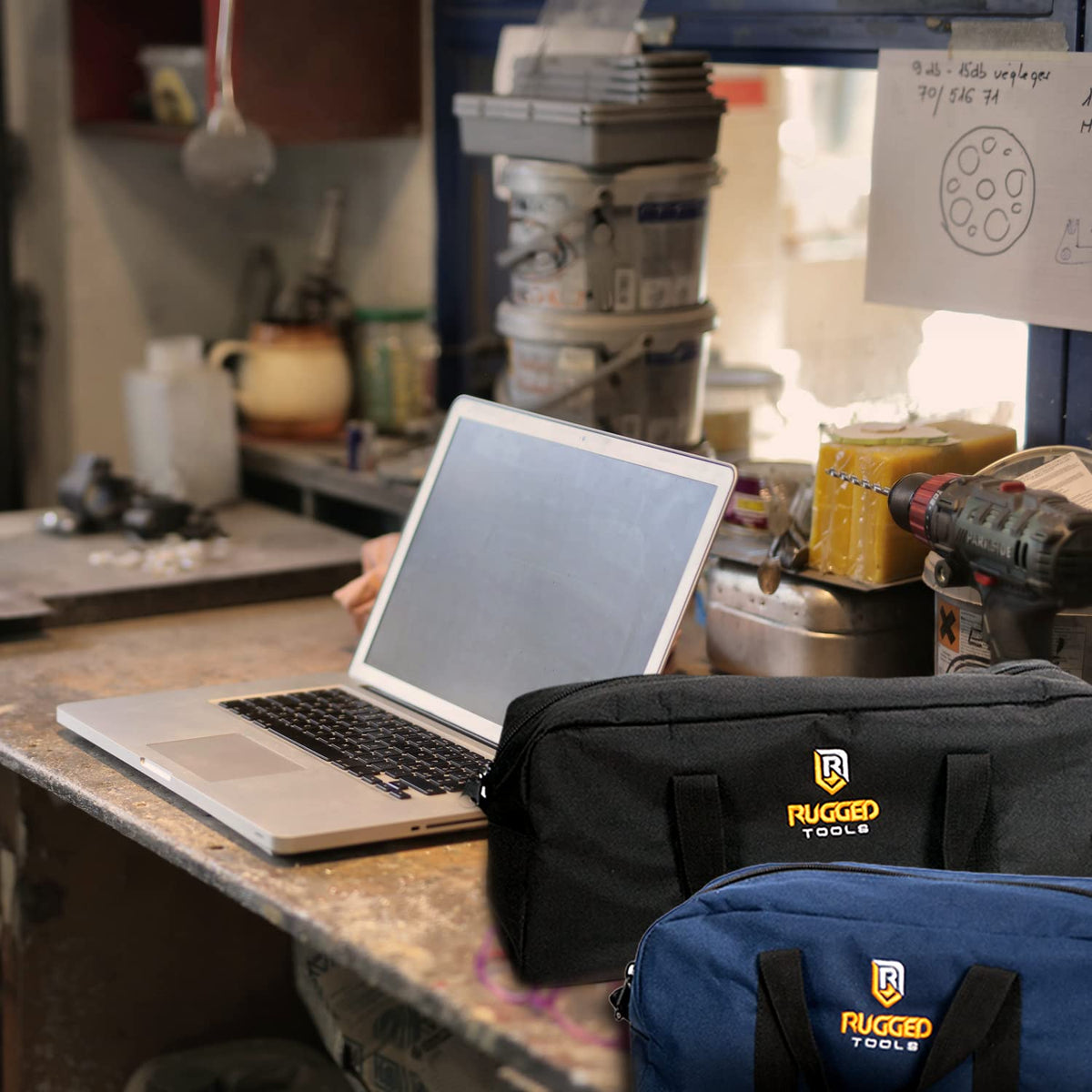 Rugged Tools organized contents imply quick access to small parts and tools.