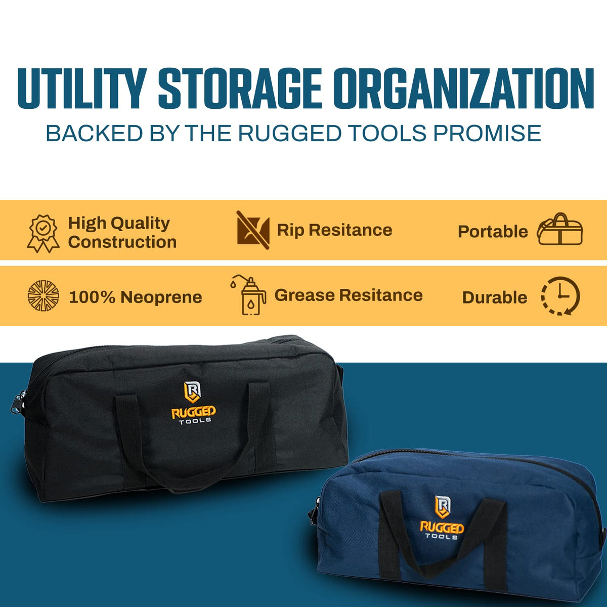 Rugged Tools tool bag medium closeup emphasizes capacity for larger tools for jobs.
