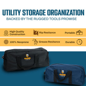 Rugged Tools tool bag medium closeup emphasizes capacity for larger tools for jobs.