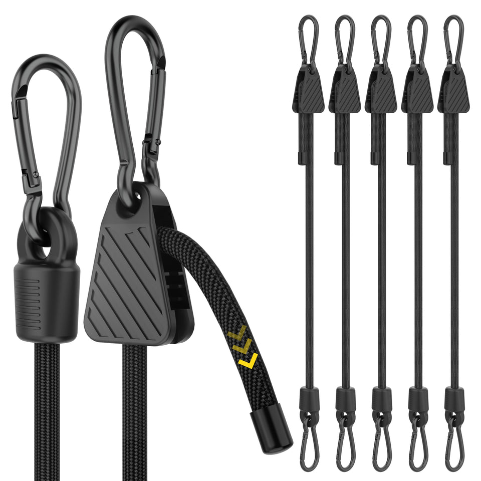 Rugtol adjustable bungee cord in use, showing length customization for secure cargo.