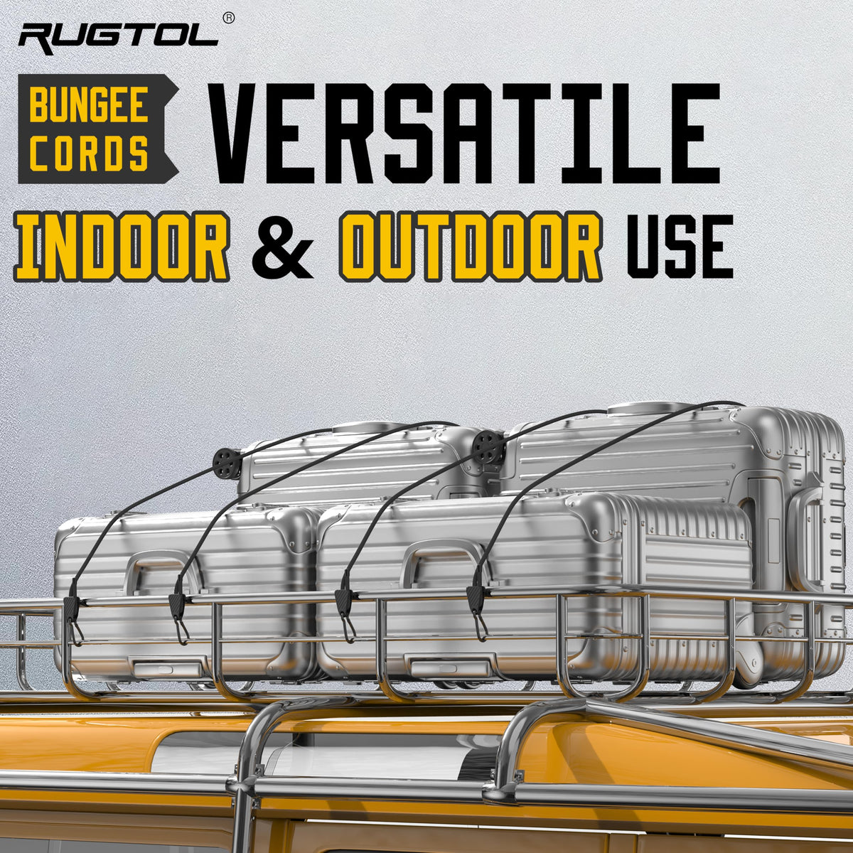 Camping setup with Rugtol bungee cords securing gear to a tent