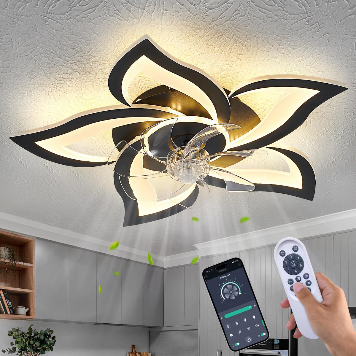 Ruibutrade Black Flower ceiling fan with LED light for ambient room illumination