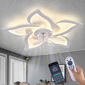 Ruibutrade White Flower ceiling fan with light, 24-inch flush-mount ideal for bedrooms with ambient lighting.