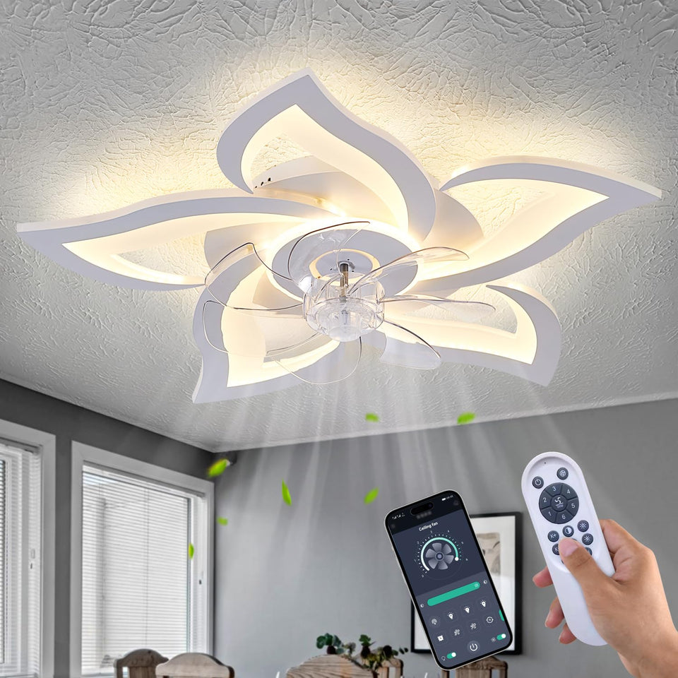 Ruibutrade White Flower ceiling fan with light, 24-inch flush-mount ideal for bedrooms with ambient lighting.
