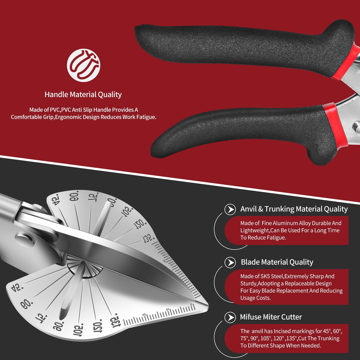RUIDELI Miter Shears safety lock protects blades when not in use.