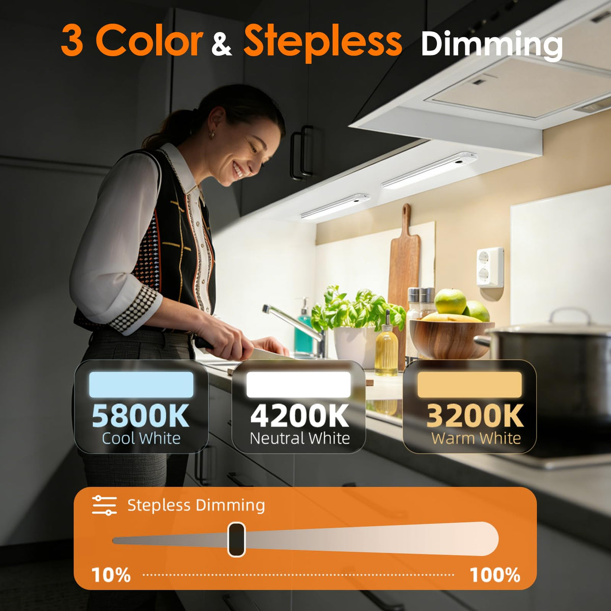 RUIKORING motion-sensor under-cabinet light demonstrates automatic on in dark kitchens.