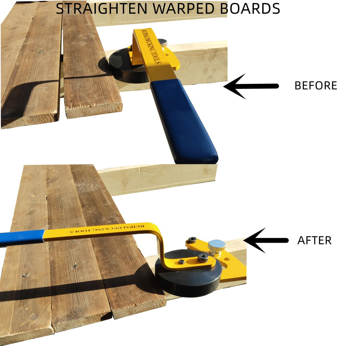 Ruipai deck straightening tool fits standard 2x4 frames for easy installation.