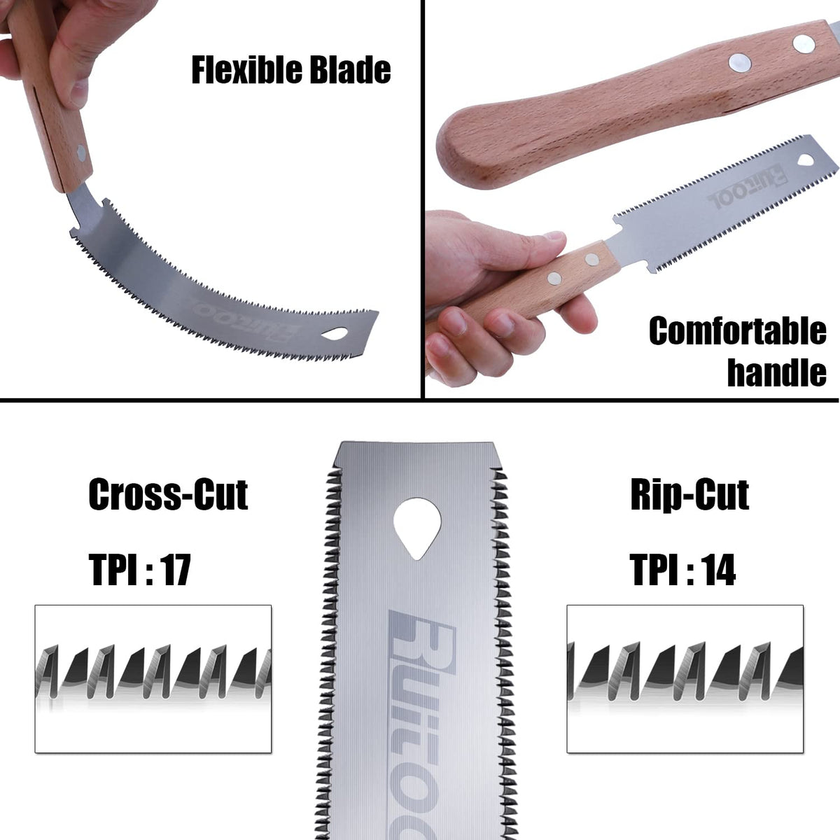 RUITOOL Ryoba saw with 17 TPI hardwood teeth for clean hardwood cuts.