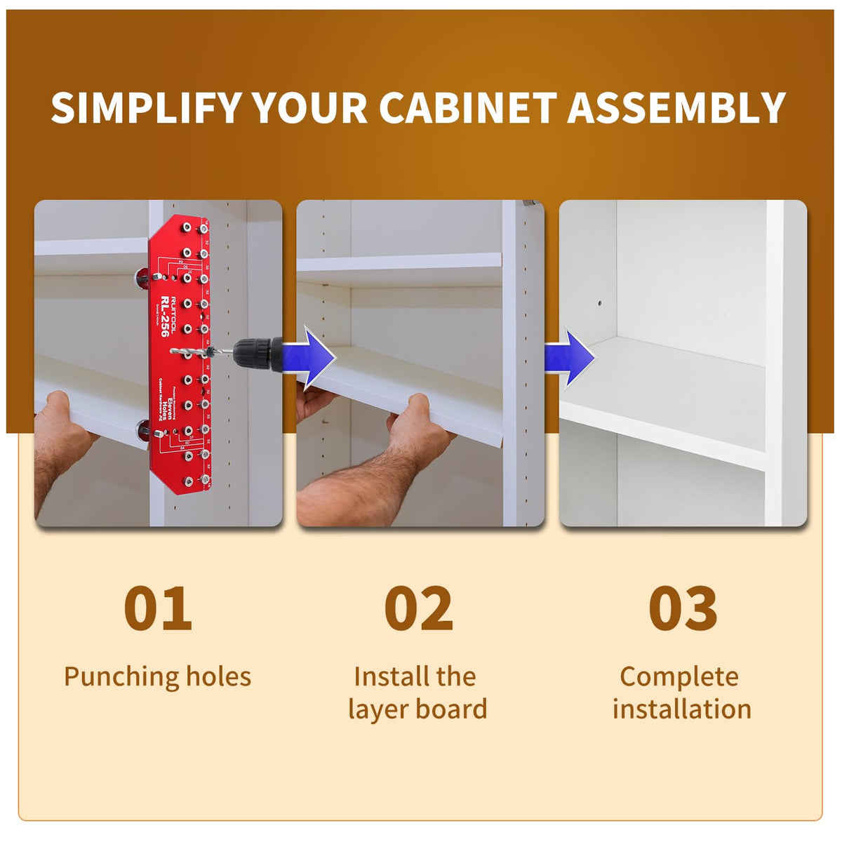 RUITOOL shelf pin jig mounted on a cabinet shows precise hole alignment.