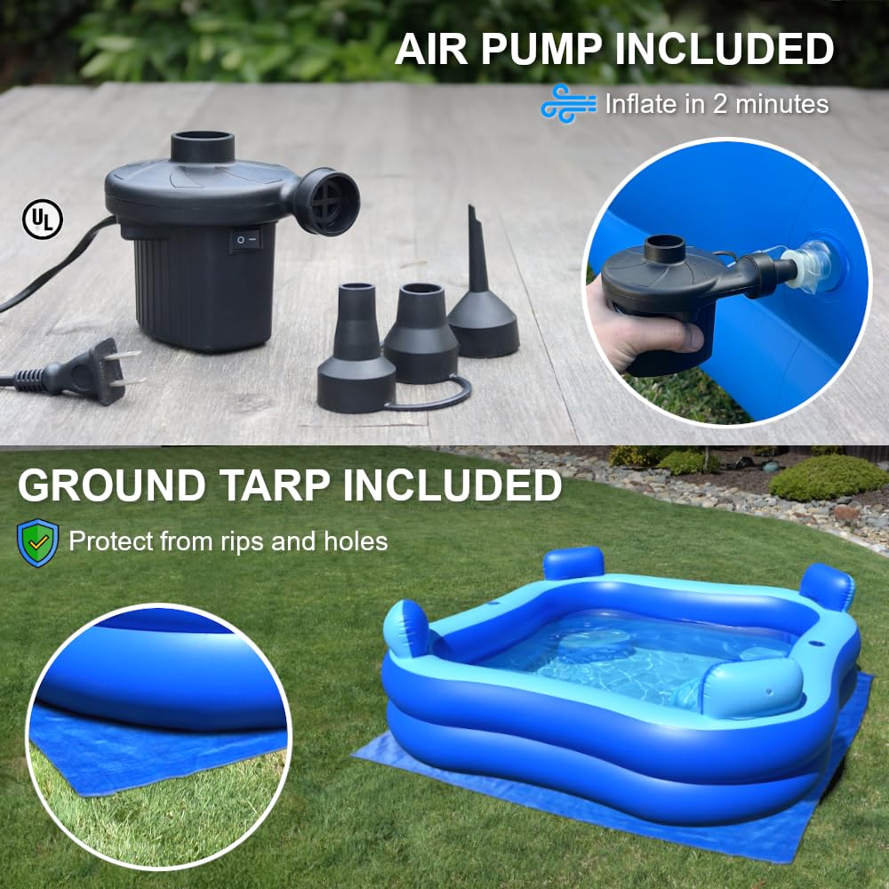 Rukala electric pump inflates the pool quickly for easy setup and more playtime.