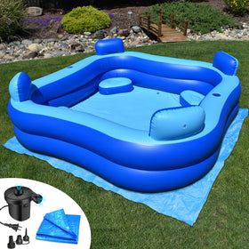 Rukala inflatable pool with seats and headrests for family cooling and relaxation.