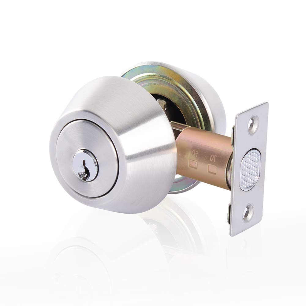 Rulart double keyed deadbolt lock front view in satin finish enhances security