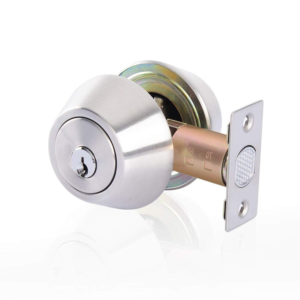 Rulart double keyed deadbolt lock front view in satin finish enhances security