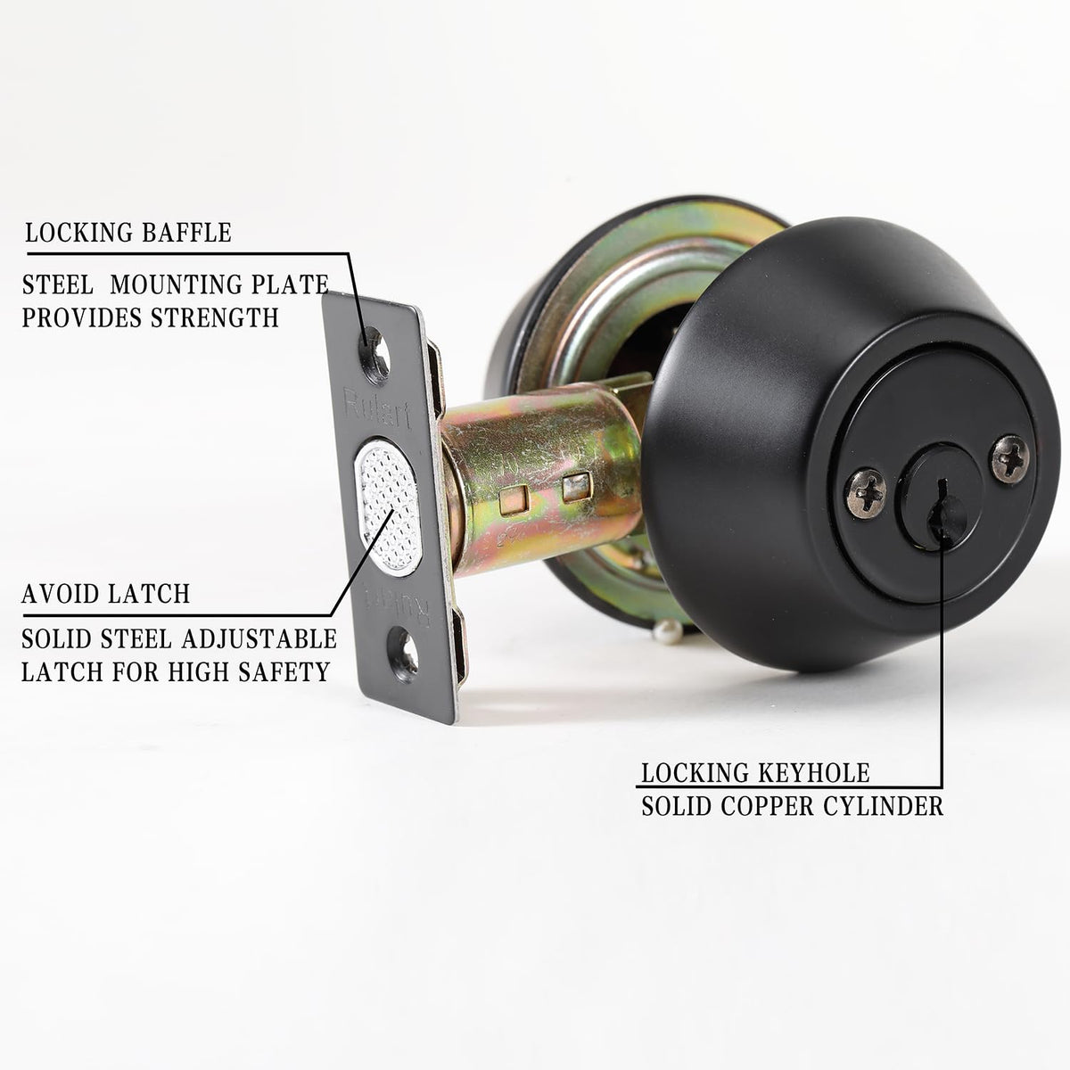 Rulart deadbolt side view highlights easy interior and exterior key operations.