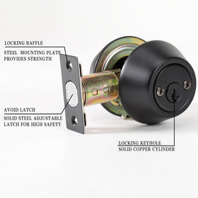 Rulart deadbolt side view highlights easy interior and exterior key operations.