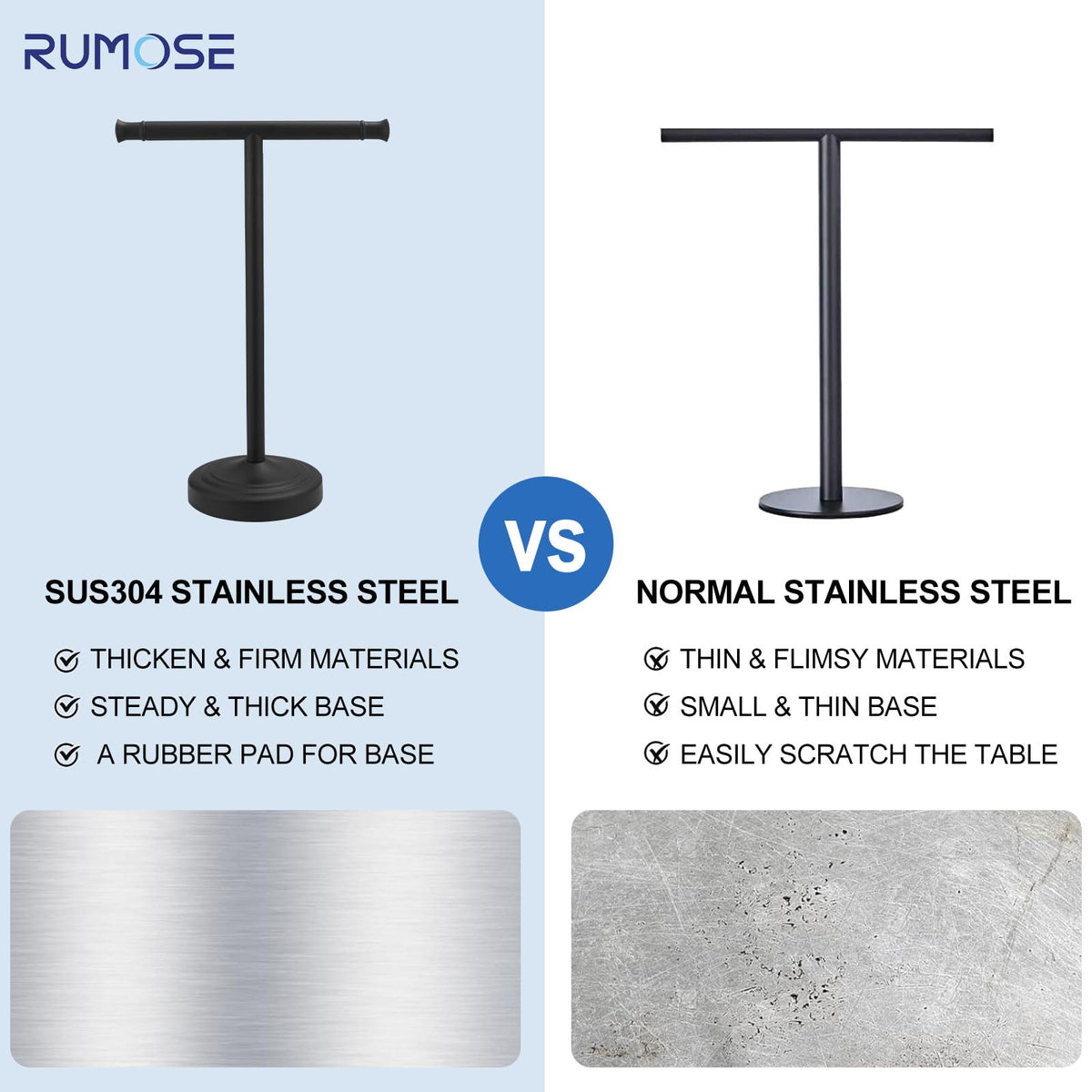 Rumose anti-slip padding keeps the stand steady and surfaces scratch-free.