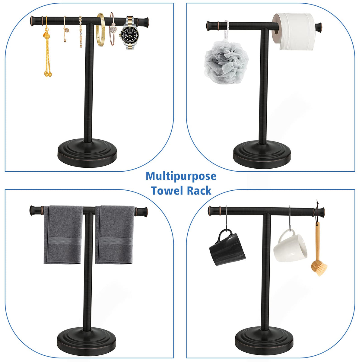 RUMOSE towel stand in bathroom sink setup demonstrating space-saving placement