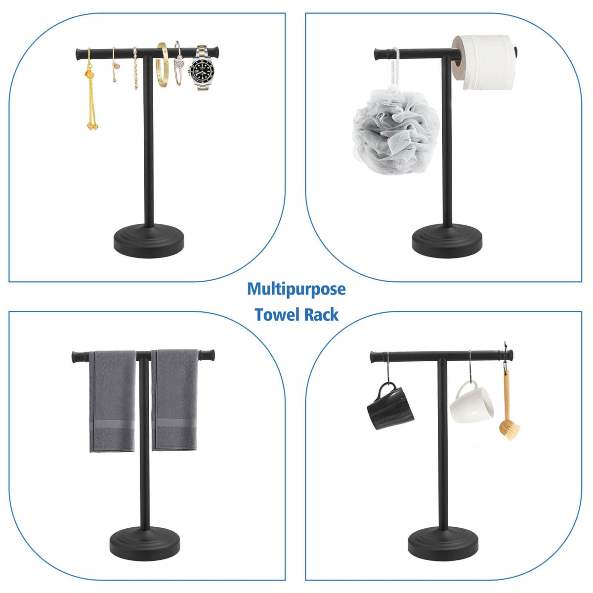 Rumose free-standing base supports towels without drilling.