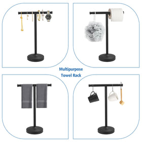 Rumose free-standing base supports towels without drilling.