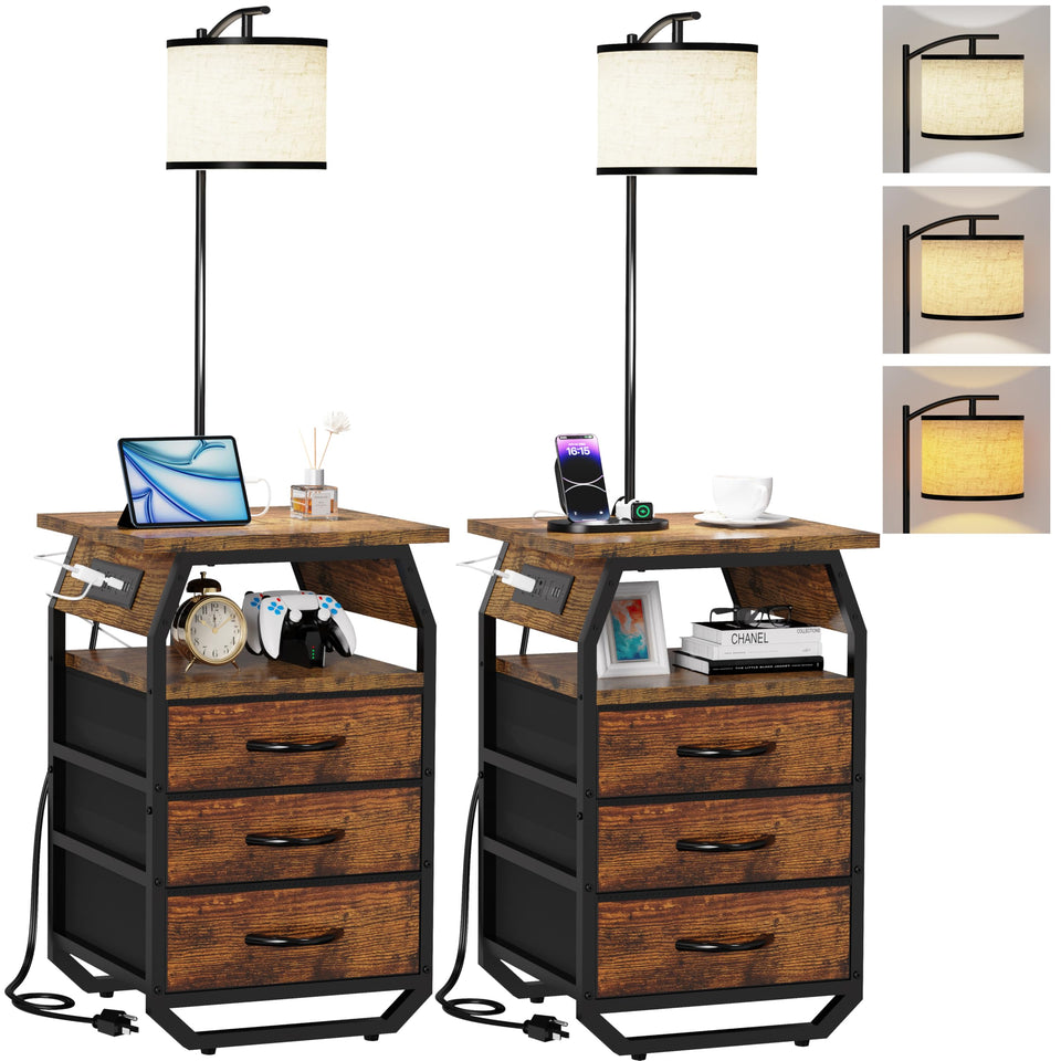 Runjuly floor lamp with table front view showing integrated charging.