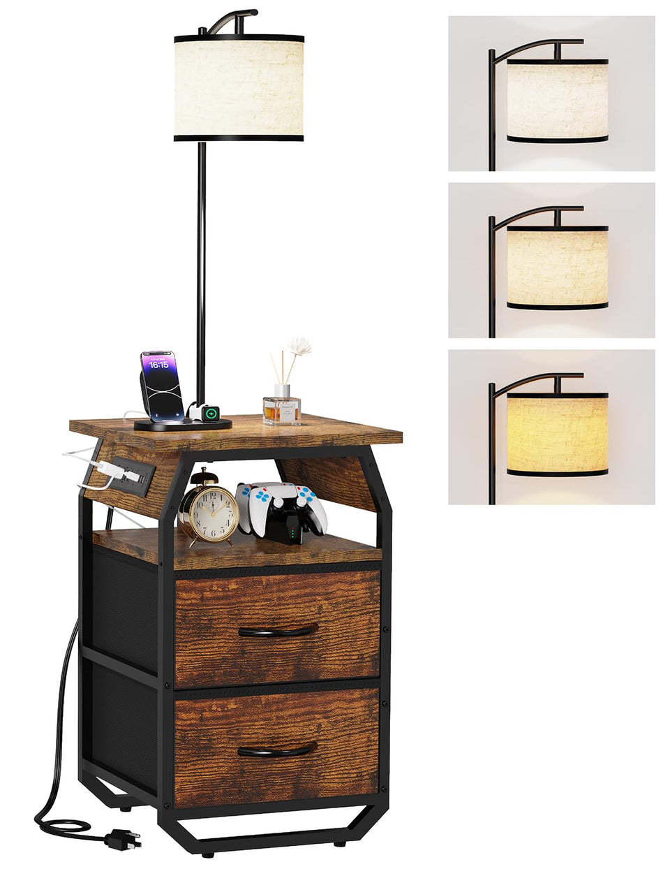Runjuly floor lamp with table front view, ideal for bedside reading and space efficiency.