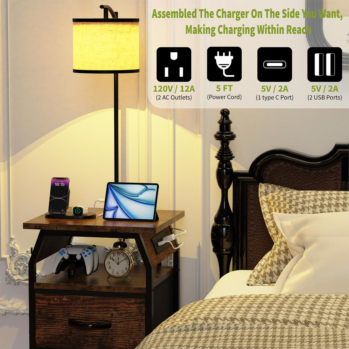 Runjuly USB/AC charging hub integrated into side panel, convenient for devices.