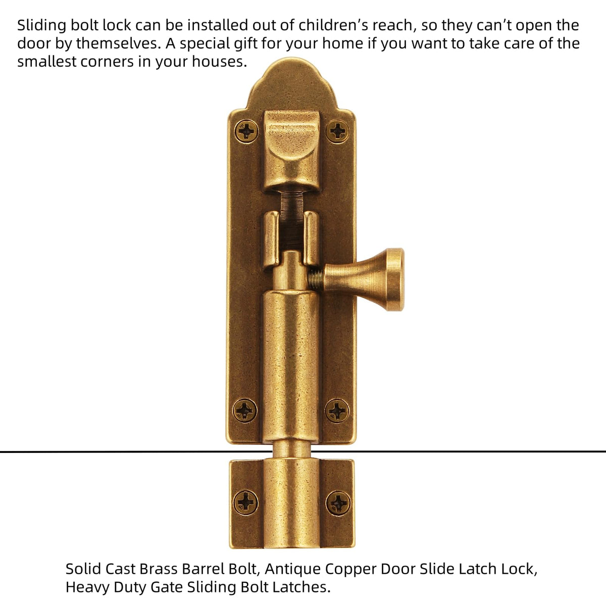 Runningfish antique brass door bolt installation image with included screws.