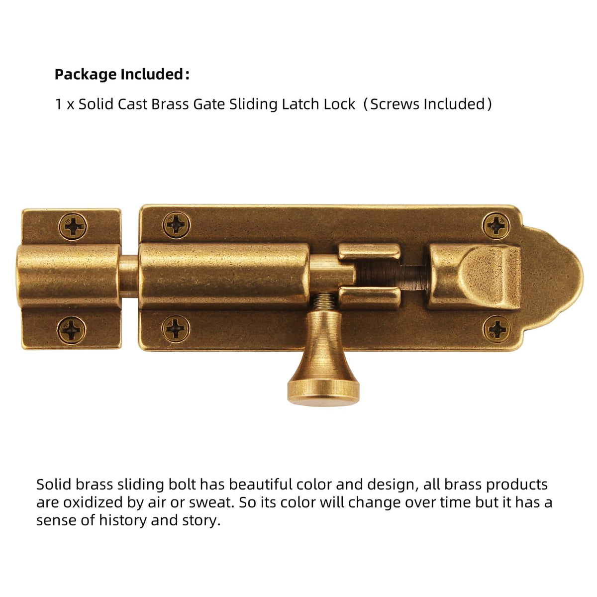 Runningfish solid brass sliding bolt front view illustrates robust privacy for entryways.