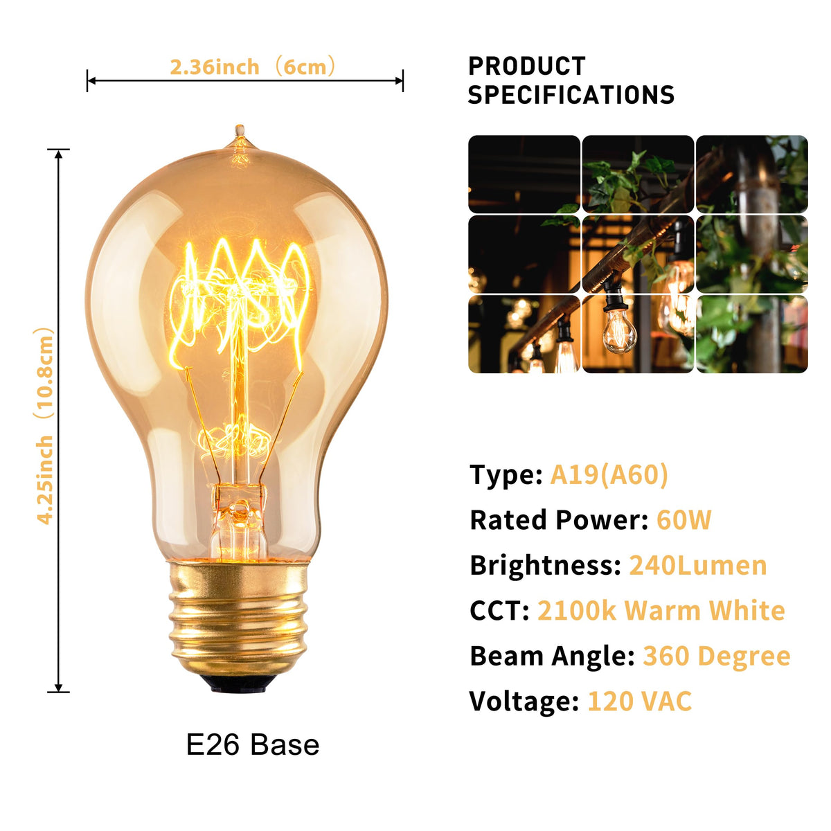Runquiz 60W Edison bulb with E26 base for easy fixture compatibility.