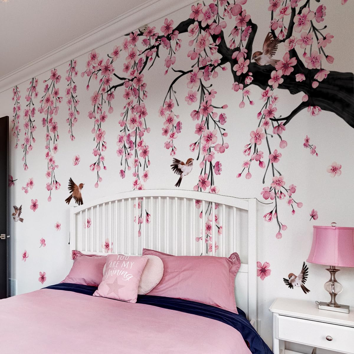 Runtoo large cherry blossom tree wall decal creates a stunning focal point for living rooms
