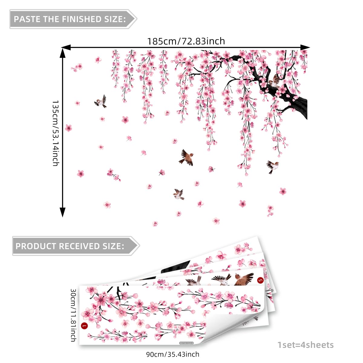 Runtoo cherry blossom wall decal closeup reveals delicate watercolor detail