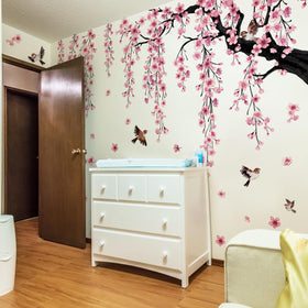 Runtoo cherry blossom tree wall decal with hanging vines and birds adds whimsy